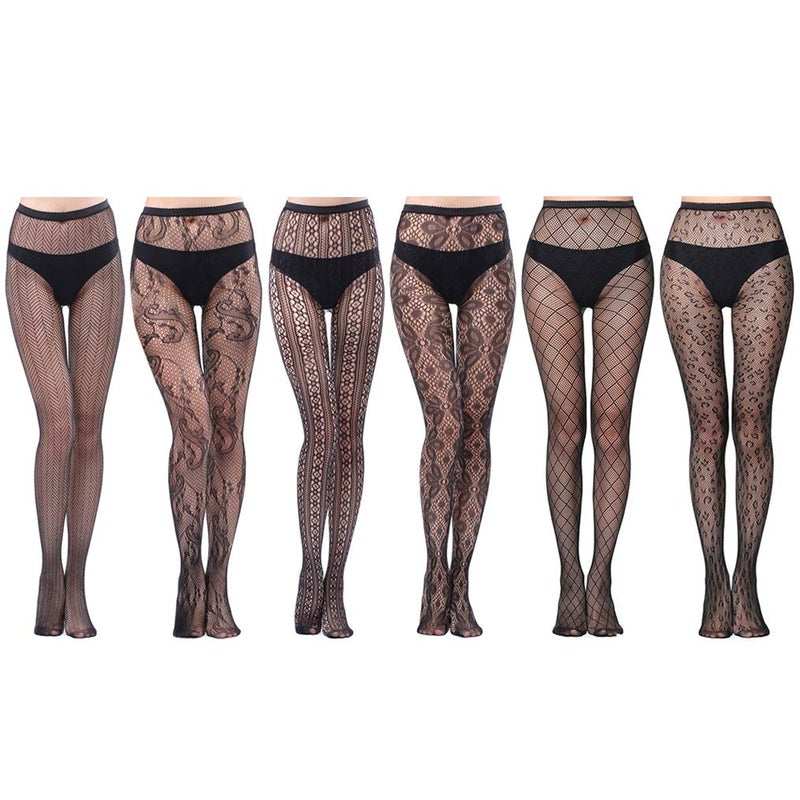 HOVEOX 6 Pairs Lace Patterned Tights Fishnet Floral Stockings Small Hole Pattern Leggings Tights Net Pantyhose - Image 1